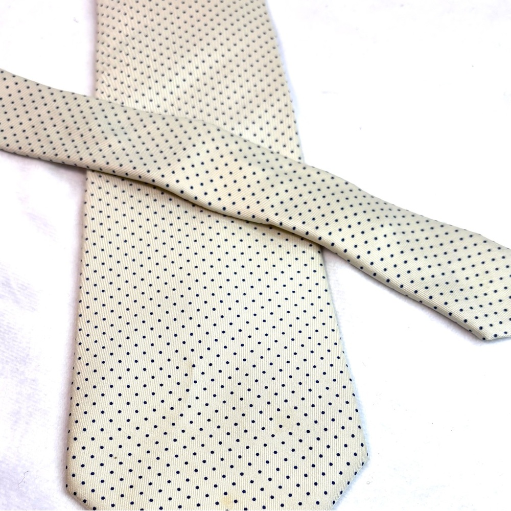 Vintage Givenchy Monsieur Handsome Silk Tie - Winter White w/ Navy Polka Dots - Picture 6 of 9